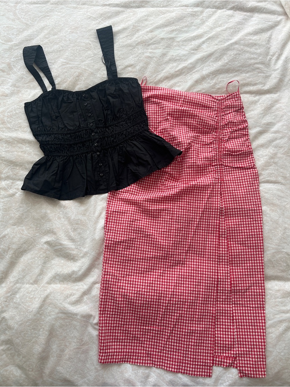 Zara Red Gingham Midi Skirt & Moon River Top